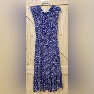 ⭐️⭐️Blue & Peach Floral Ruffle Layered Elastic Waist Short-sleeve Maxi Dress